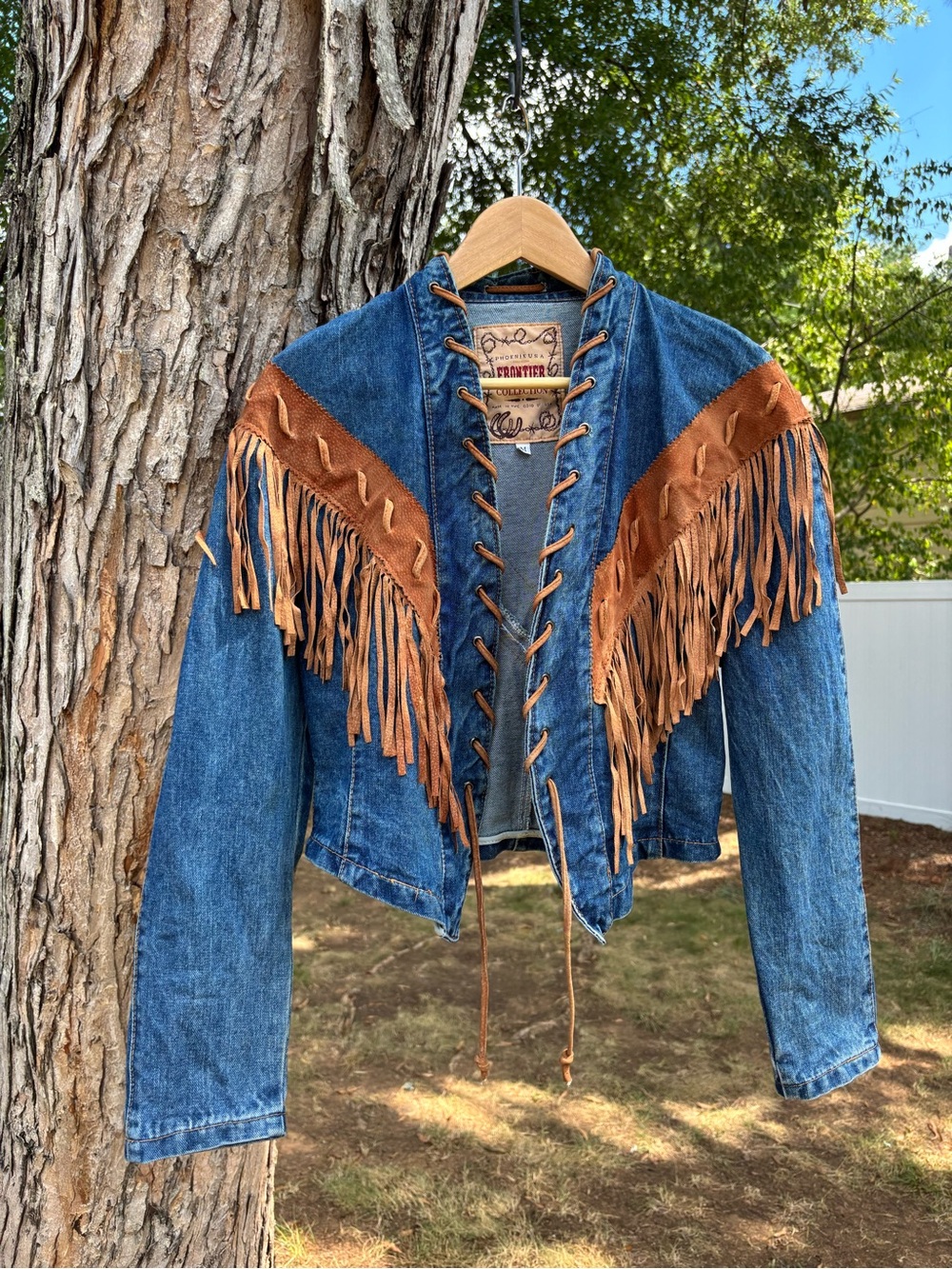 1980s Vintage Frontier Denim Jacket with Brown Suede Fringe